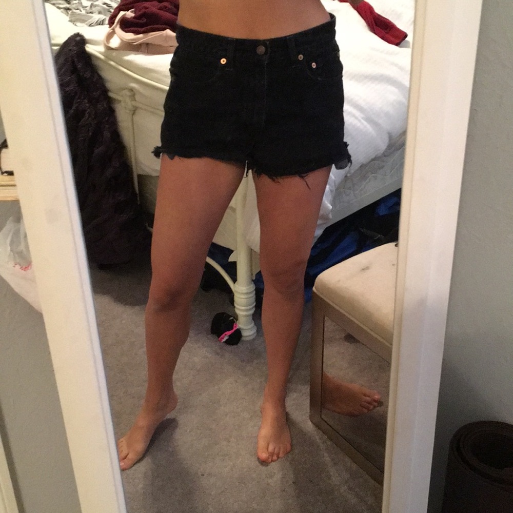 Black distressed denim shorts